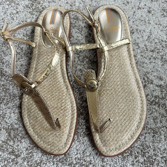 Sam Edelman Gigi Gold Signet Embossed Open Toe Ankle Strap Flats Sandals 9 - Picture 2 of 7